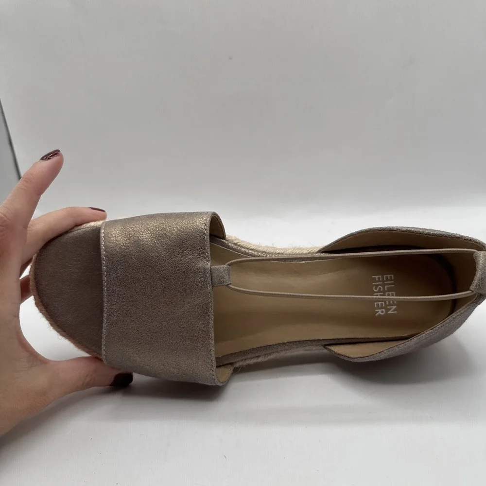 Eileen Fisher‎ Lee Gold Leather d'Orsay Espadrille Flat Slip On Sandal Shoes 7.5